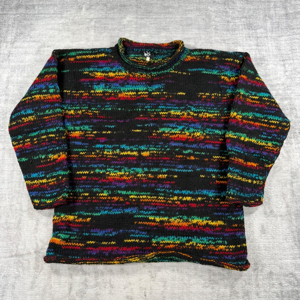 ARK Wool Sweater Womens Large Black Rainbow Space Dye Chunky Knit Drug Rug Boho